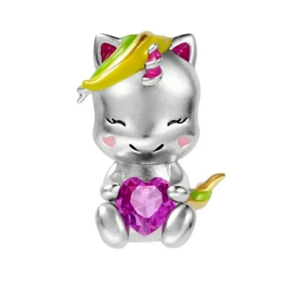 Sterling Silver 925 Unicorn Bracelet Charm Kawaii Japanese Pink Heart Jewelry - Picture 1 of 7